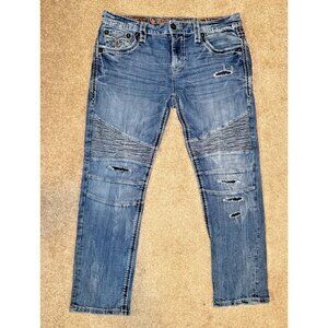 Rock Revival Men’s Distressed Jeans 38x32 - Nouret Biker Style, Heavy Stitching